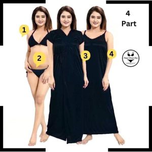High Quality Fabric Black Colour 4-Part Nighty
